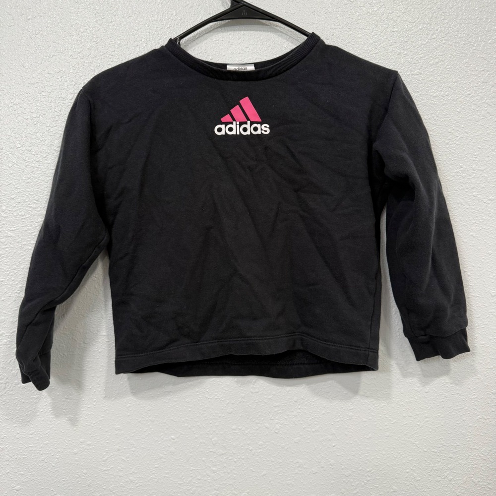 Adidas Girls Black Pink Logo Loose Fit Sweatshirt Crew Neck Pullover Size 6